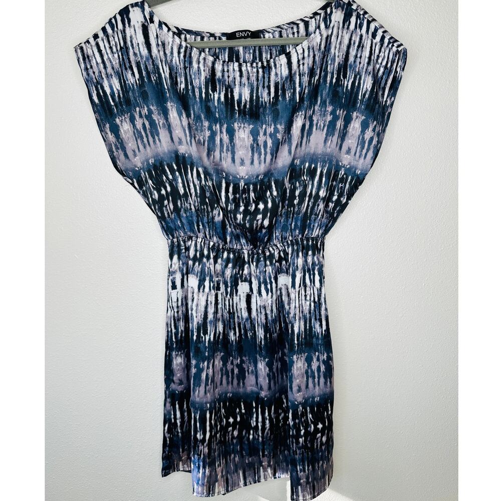 Envy Muted Steel Blue White Black Tie Dye Print Boat Neck Cinched Waist Dress M